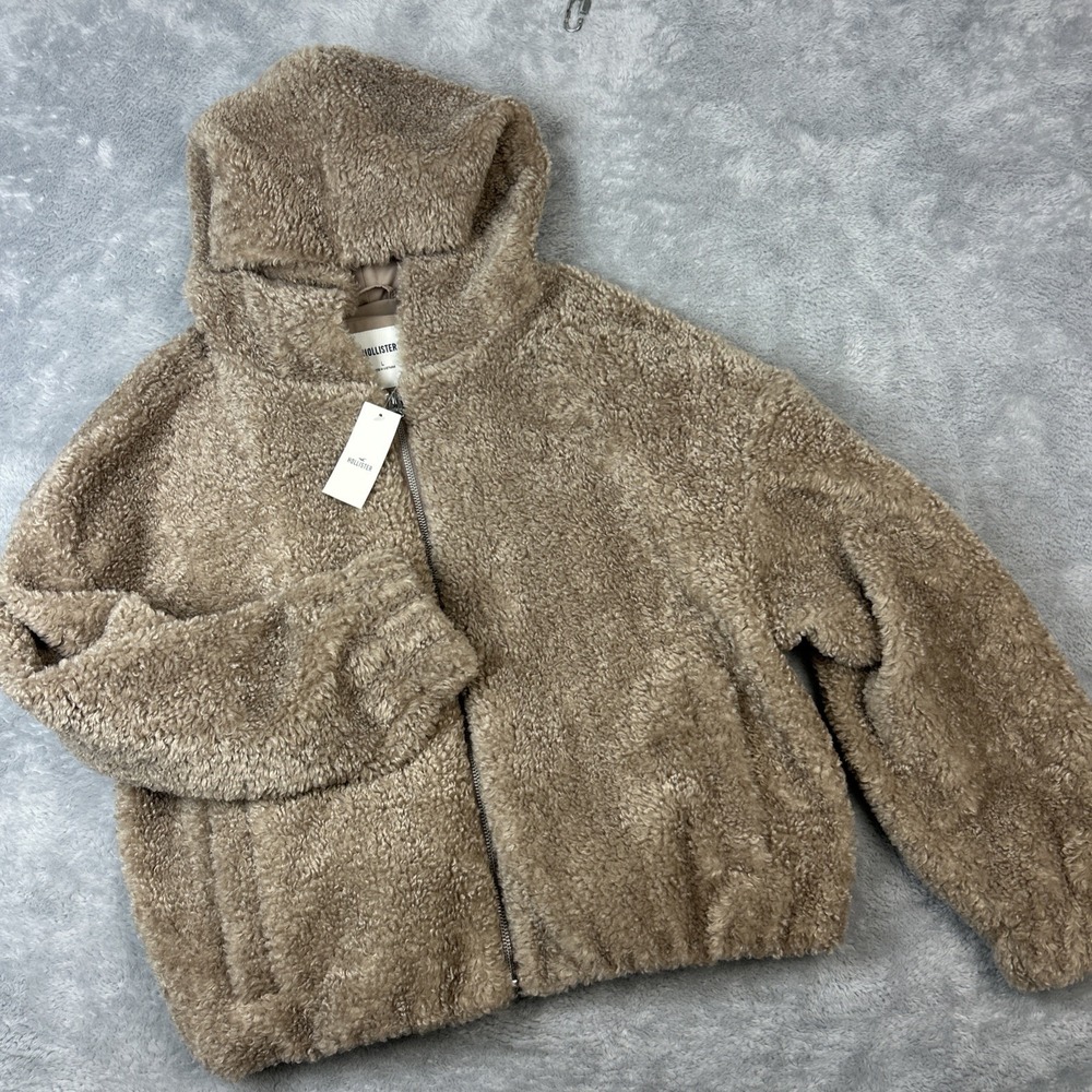 New Hollister Women's Hoodie Full Zip Cozy Brown Fleece Jacket Size Large Teddy
